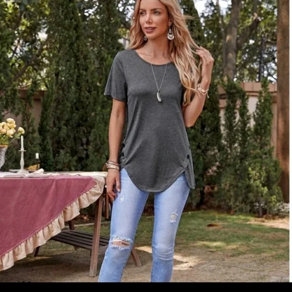 Buttoned Dark Grey Tee - Picture 2 of 4